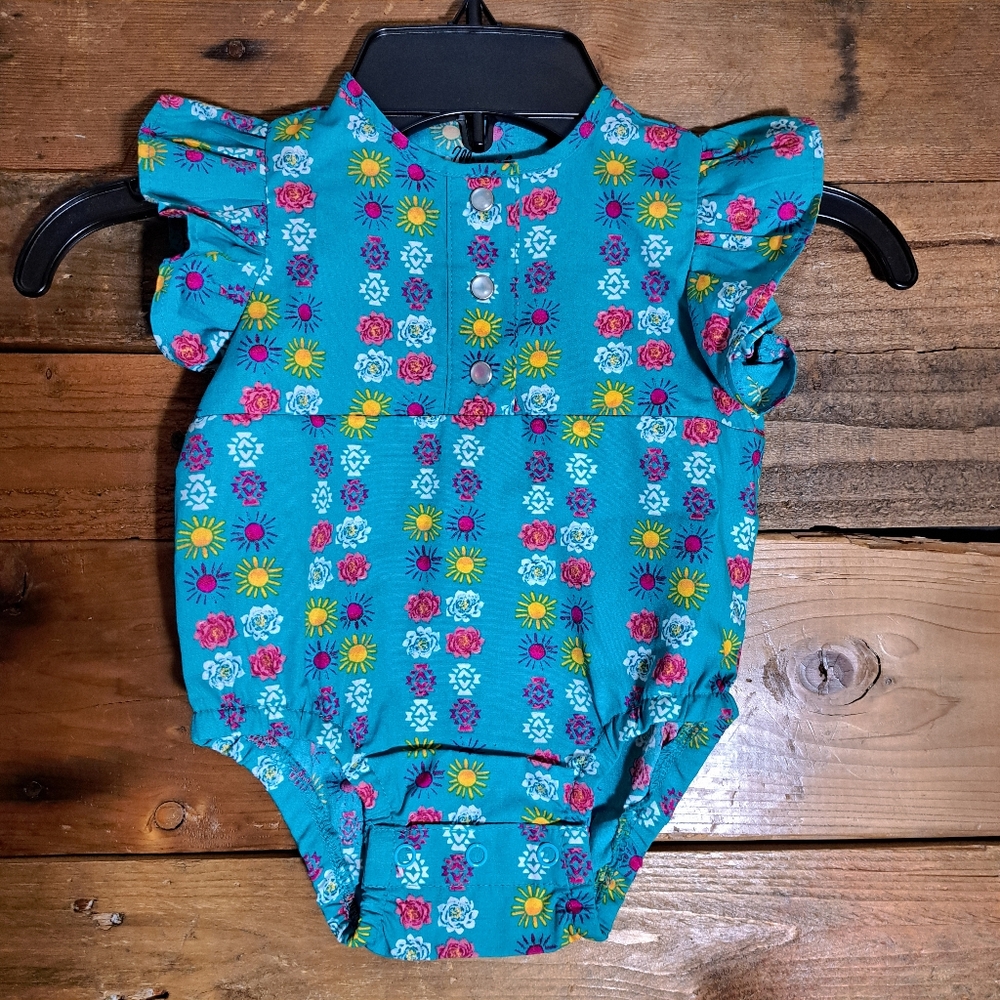 Wrangler Baby Girls' Ruffle Sleeve Bodysuit Teal Geo 0-3 months.